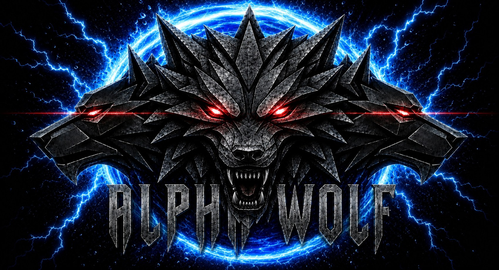The ALPHA WOLF emblem — three steel wolves in a ring of lightning