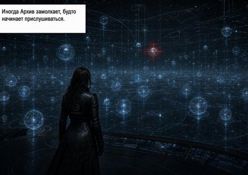 Lira stands before the Archive's star map — one node burning red among thousands of blue