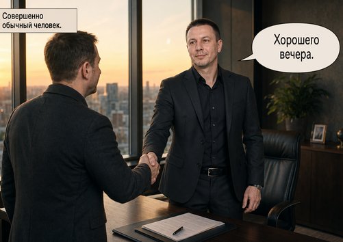 Two men in suits shake hands in an office at sunset — 'Have a good evening'