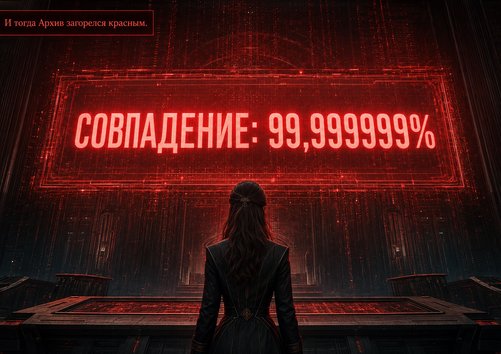 The Archive's red alert: a screen reading 'MATCH: 99.999999%'