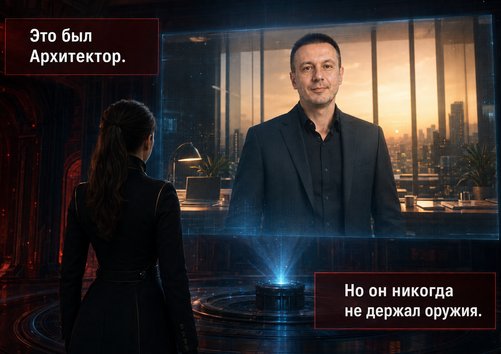A holographic projection of the peaceful-world Architect's face before Lira