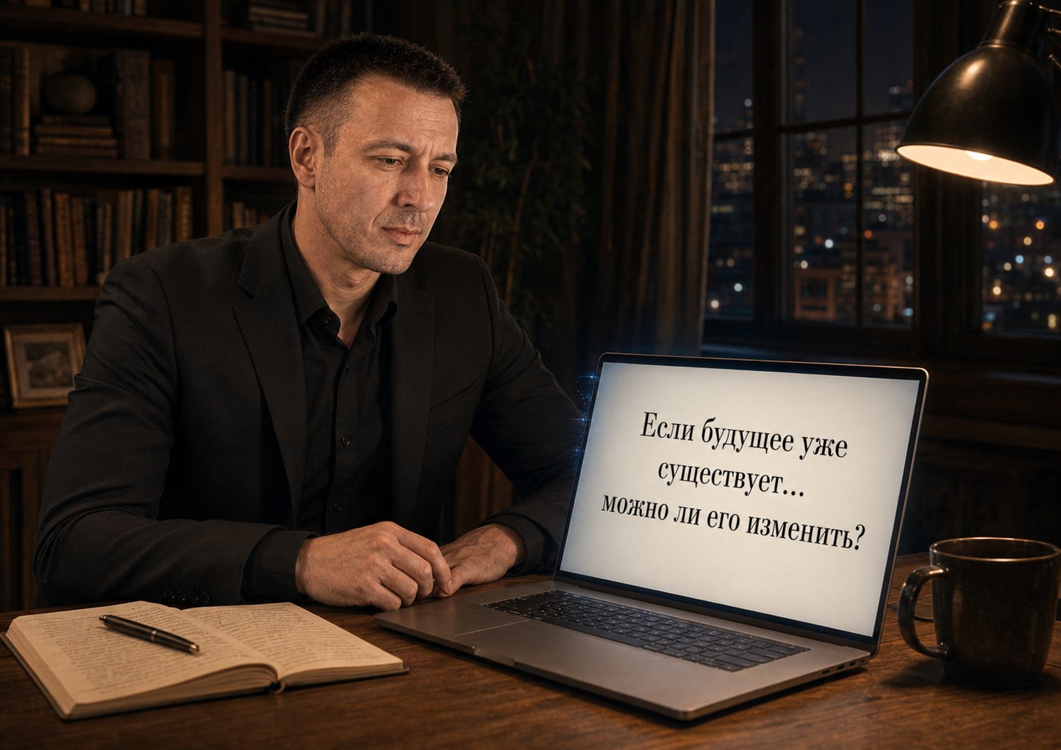 Earth's Artem at his laptop, the question glowing on the screen: 'If the future already exists... can it be changed?'