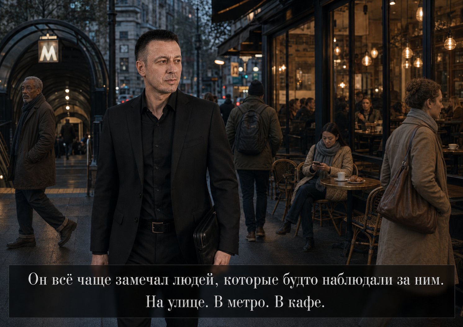 Earth's Artem walking down an evening street past a café: 'More and more, he noticed people who seemed to be watching him. On the street. In the subway. In cafés.'