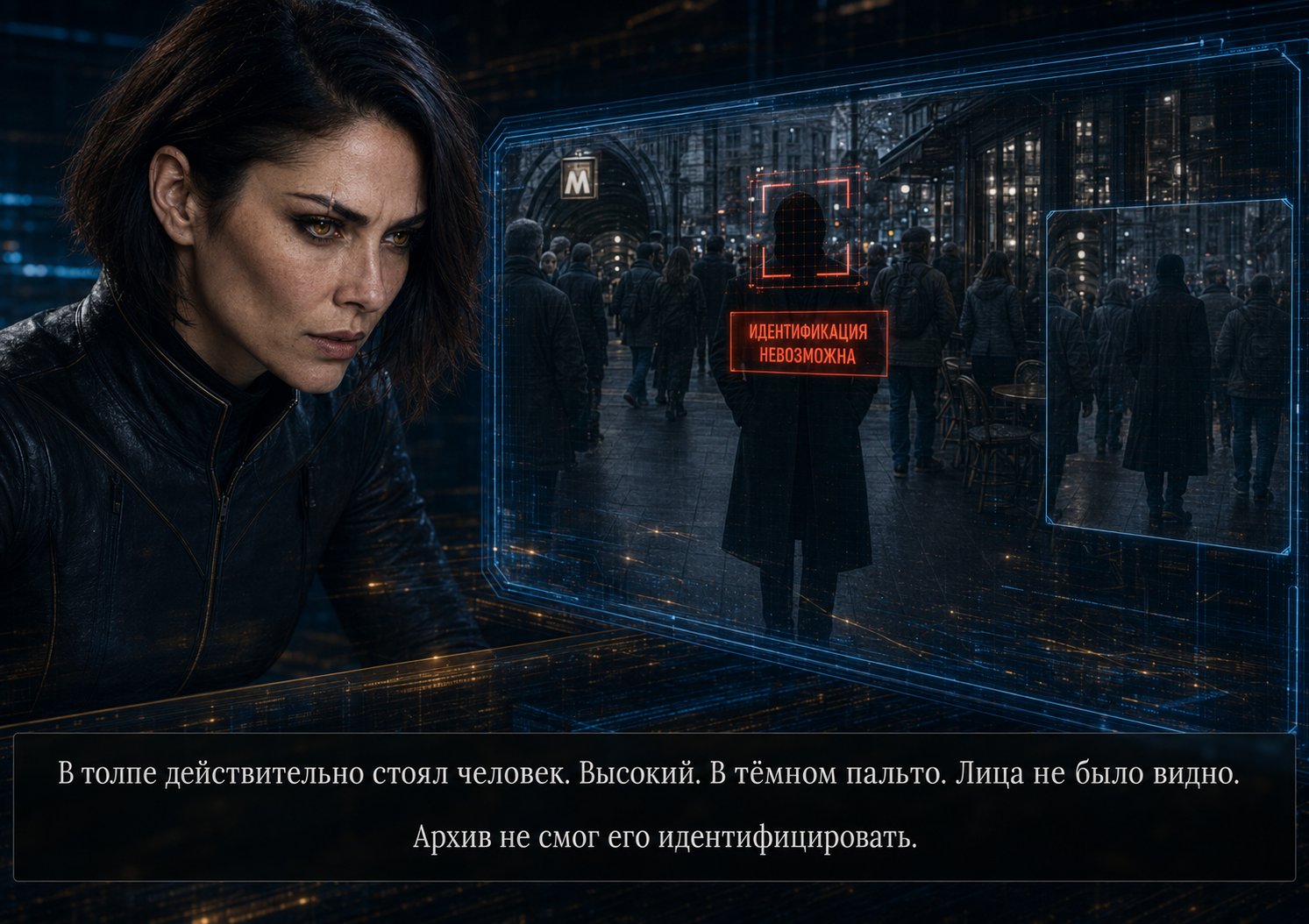Lira analyzing a street camera feed — a tall, faceless figure in a dark coat, marked 'Identification impossible'