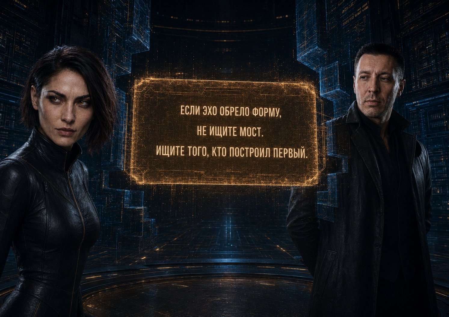 Lira and the Architect before the Archive's ancient record: 'If the echo has taken form, do not seek the bridge. Seek the one who built the first one.'