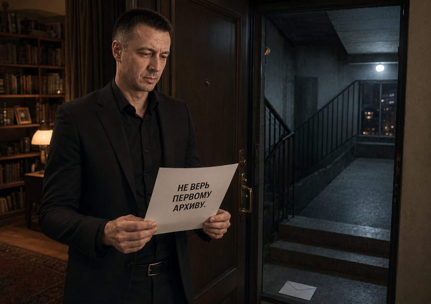Earth's Artem at his door holding the note 'DO NOT TRUST THE FIRST ARCHIVE,' the empty stairwell and the abandoned envelope behind him