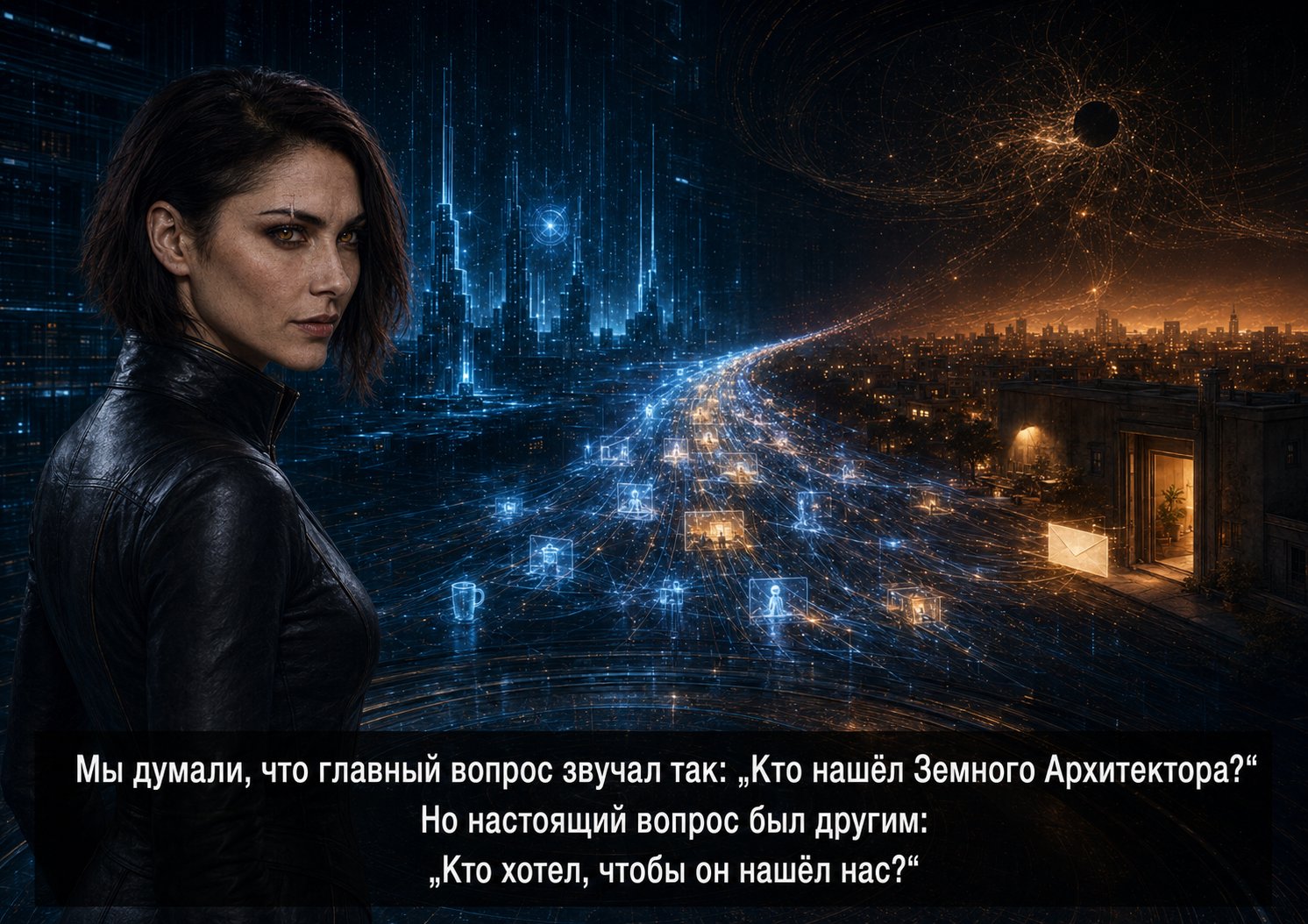 Lira silhouetted against a bridge of lights connecting the two worlds, the envelope by the door: 'Who wanted him to find us?'