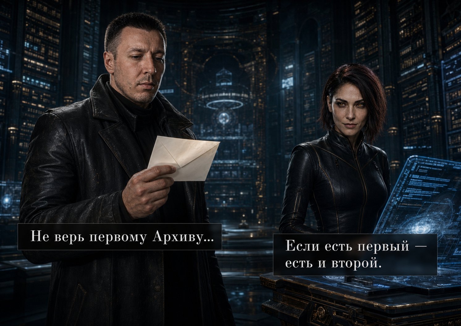 The Architect holding the envelope that reads “Do not trust the first Archive,” standing beside Lira — “If there’s a first, there’s a second”
