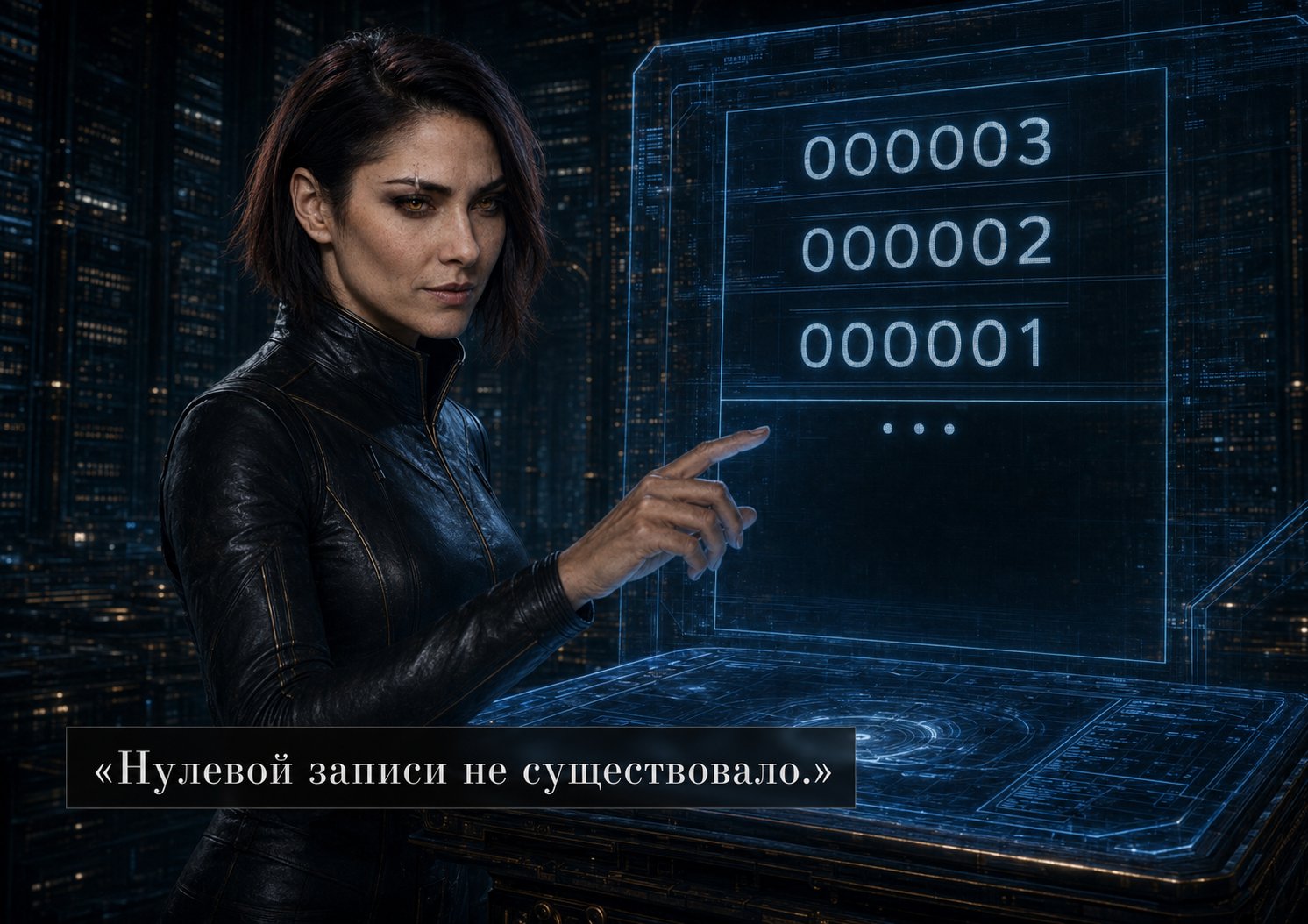 Lira pointing at the Archive's record list — 000003, 000002, 000001 — there was no entry zero