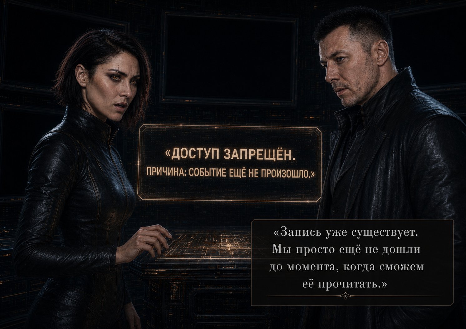 The screen reads “ACCESS DENIED. REASON: THE EVENT HAS NOT YET OCCURRED” — the Architect: “The record already exists — we simply haven’t reached the moment yet when we’ll be able to read it”