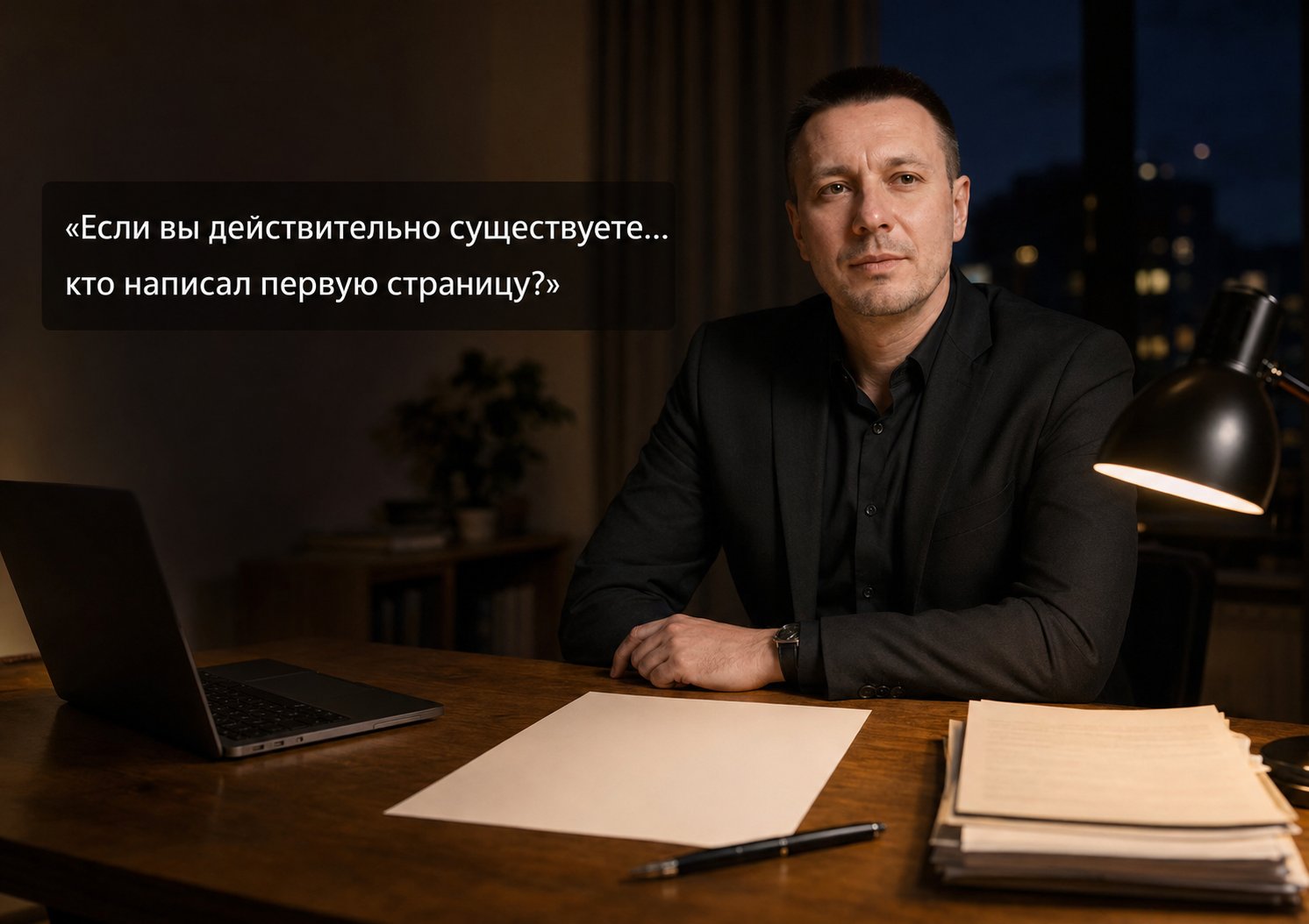 Earth's Artem before a blank sheet of paper — “If you truly exist… who wrote the first page?”