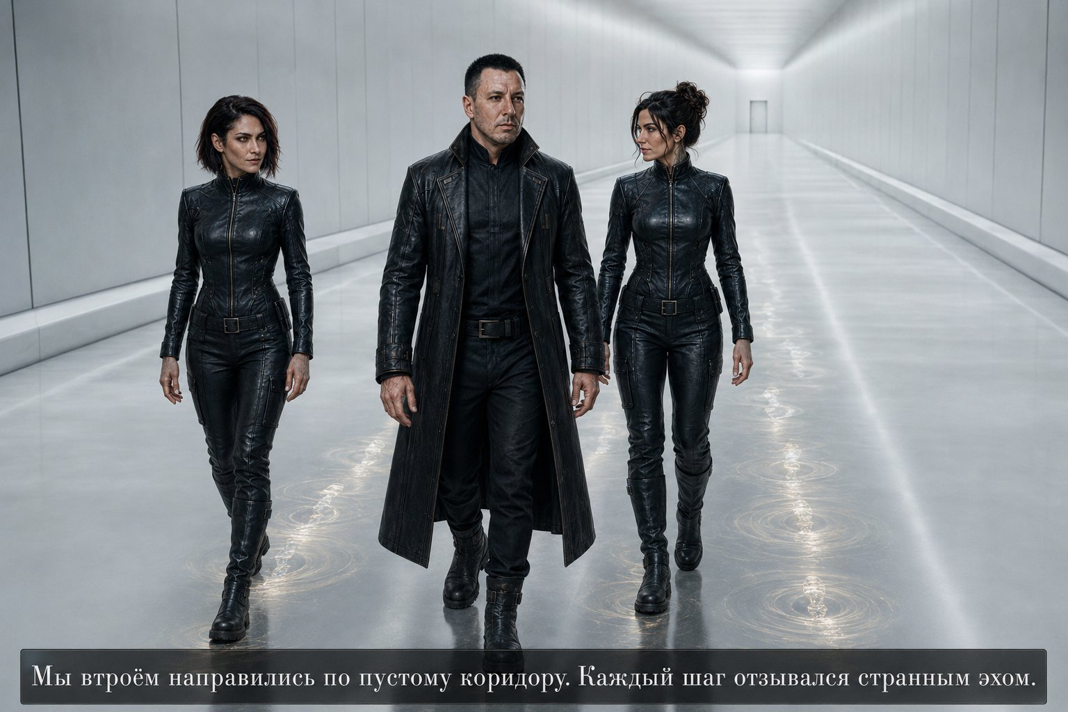 Lira, Gemini, and the Architect walking down the endless white corridor — “Each footstep echoed strangely”