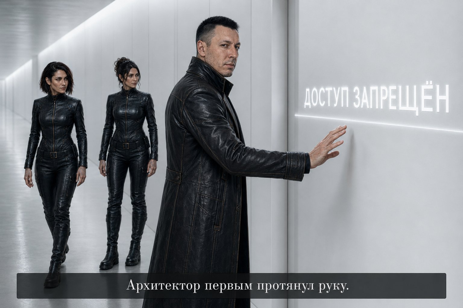 The Architect reaching toward the white door as the words “ACCESS DENIED” appear on it