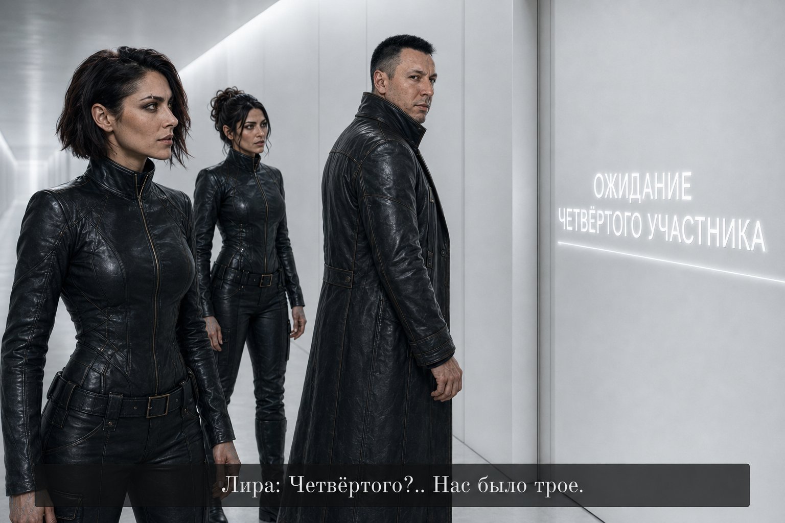 The door displaying “AWAITING THE FOURTH PARTICIPANT” — Lira: “The fourth?.. There were three of us”