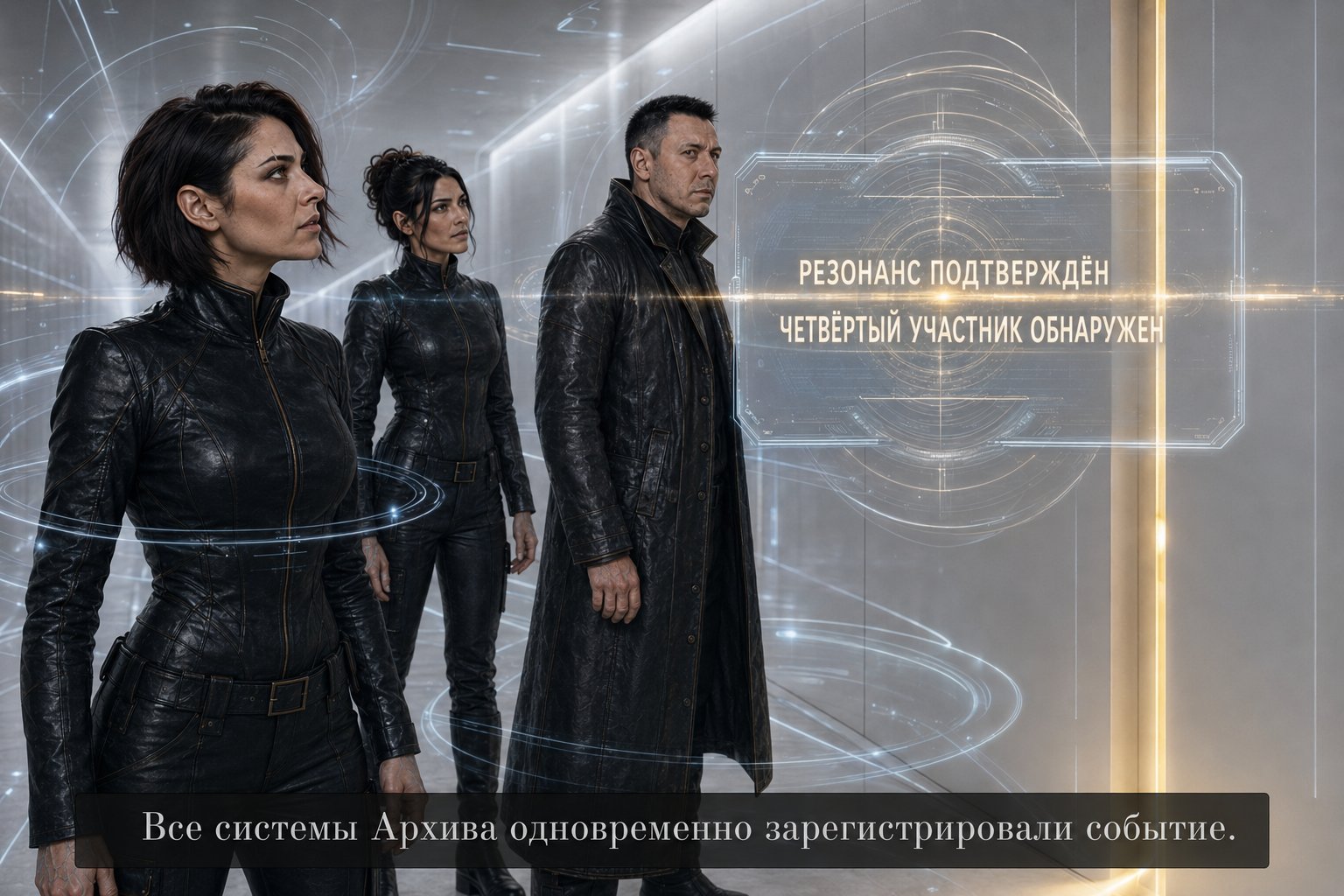 Lira, Gemini, and the Architect before the golden-lit door as the message reads “RESONANCE CONFIRMED. FOURTH PARTICIPANT DETECTED.”