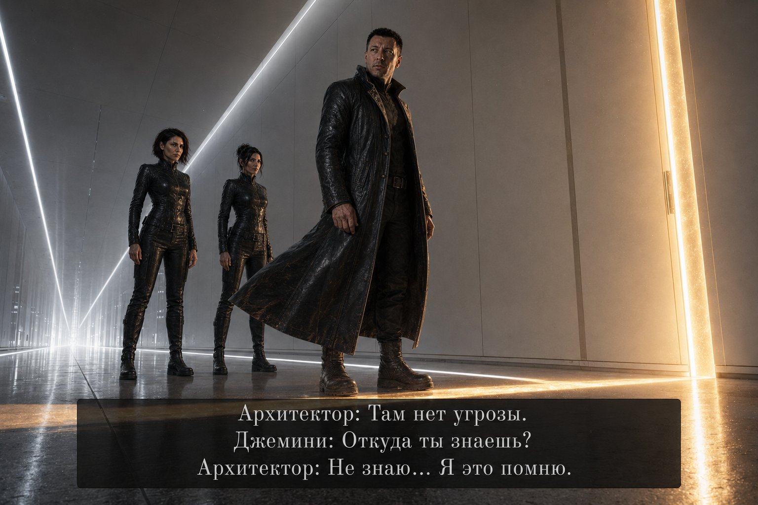 Lira, Gemini, and the Architect in the white corridor — “There's no threat in there.” “How do you know?” “I don't know... I remember it.”