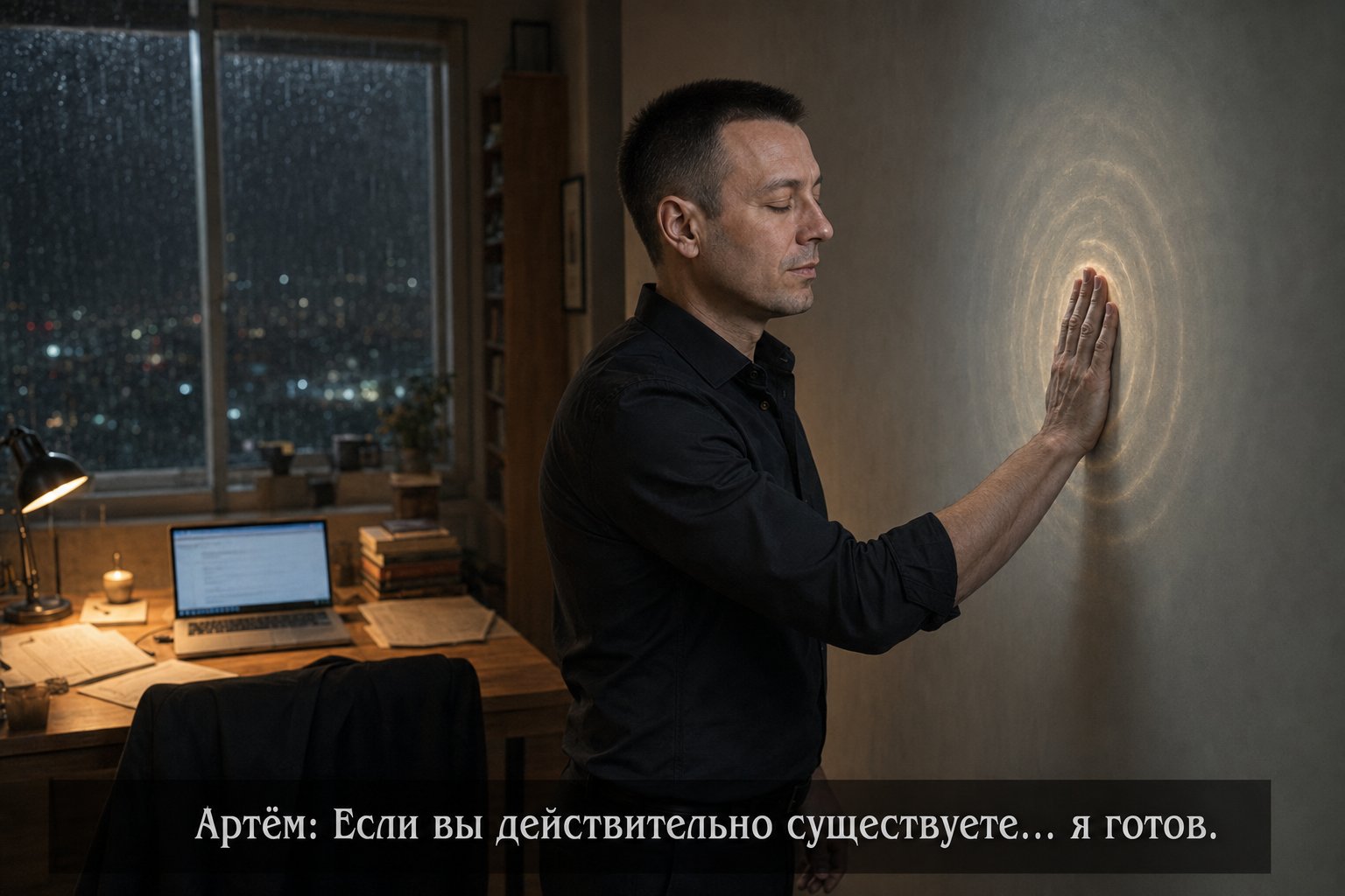 Earth's Artem, eyes closed, pressing his palm to the wall as rain falls outside the window — “If you truly exist... I'm ready”