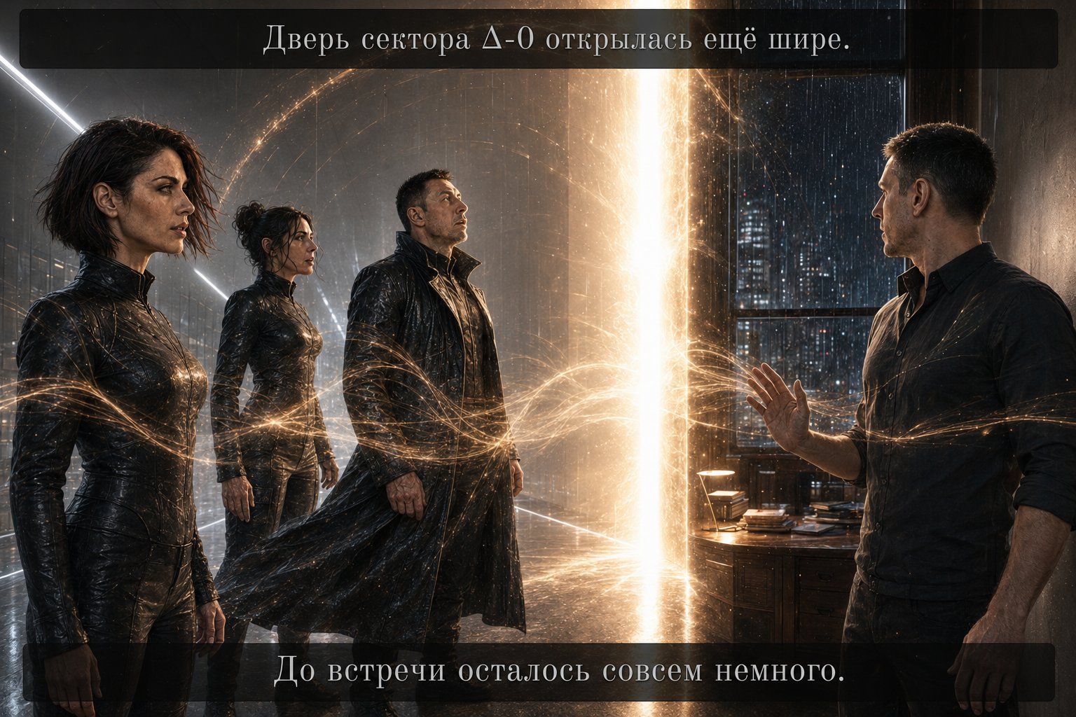 The Sector Δ-0 door opening wider, light bridging the Archive corridor and Earth's Artem's apartment — “THE MEETING IS ALMOST HERE”