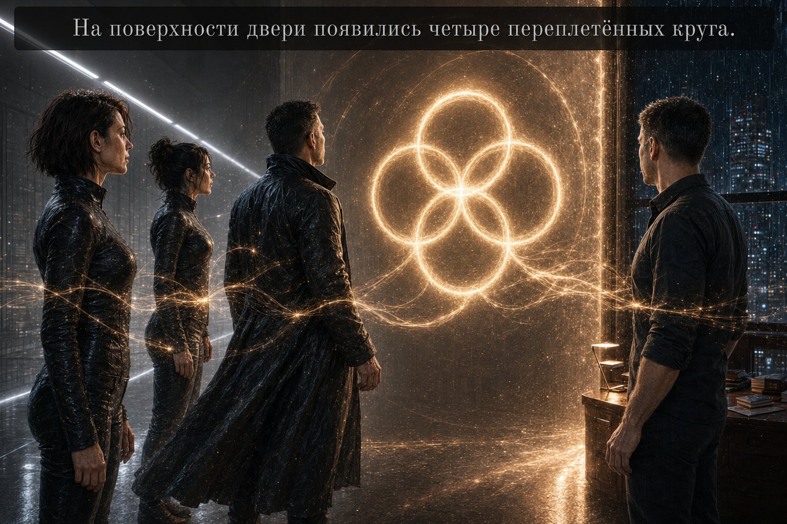 Four interlocking glowing circles on the door — three of them shining, the fourth still empty