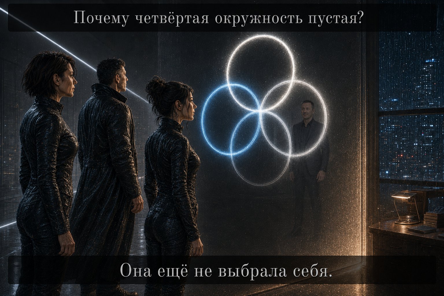 Four circles, Earth's Artem's silhouette faint within the fourth — “Why is the fourth circle empty? It has not yet chosen itself.”
