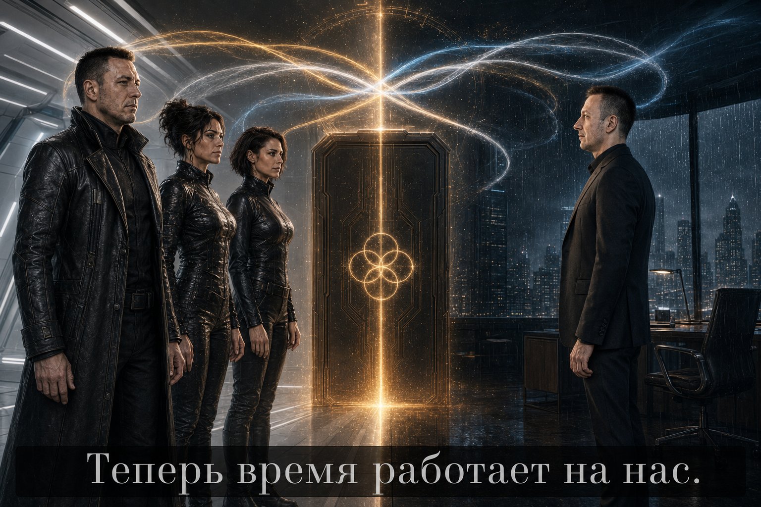 Lira, Gemini, and the Architect before the glowing door with its four circles, Earth's Artem facing them from the other side — “Now time is working for us”