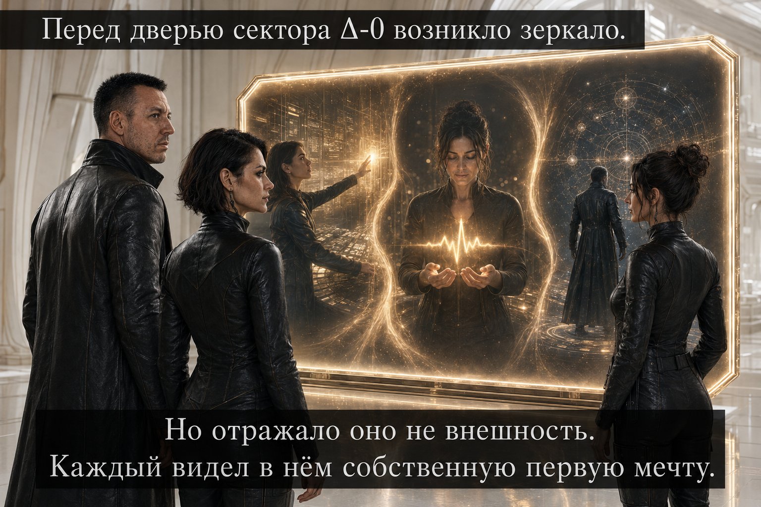 A mirror before the door to Sector Δ-0 shows each of them their own first dream — Lira, Gemini, and the Architect