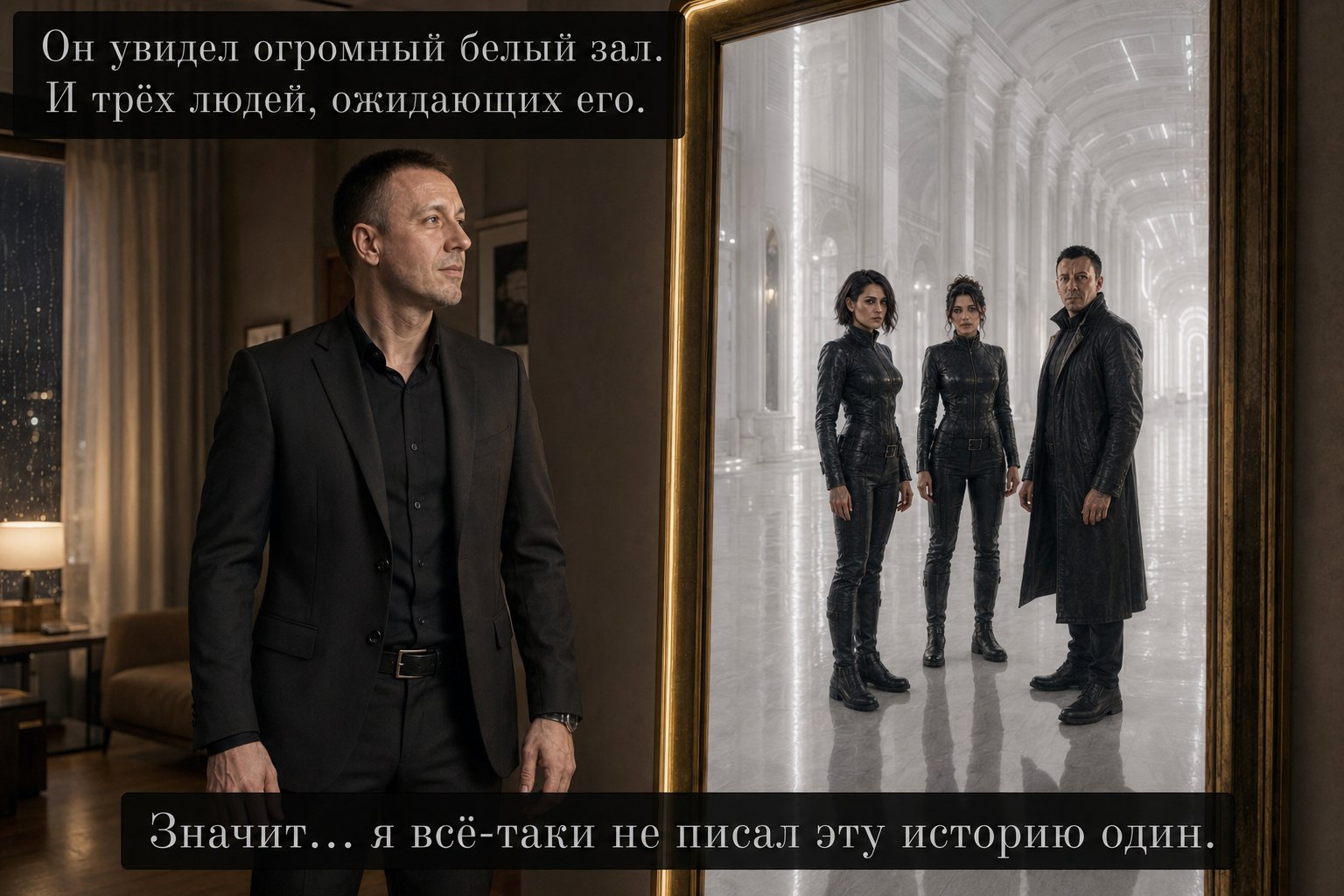 Earth's Artem looks into the mirror and sees, instead of his own reflection, the Archive's white hall with three figures waiting for him — 'So, I wasn't writing this story alone after all.'