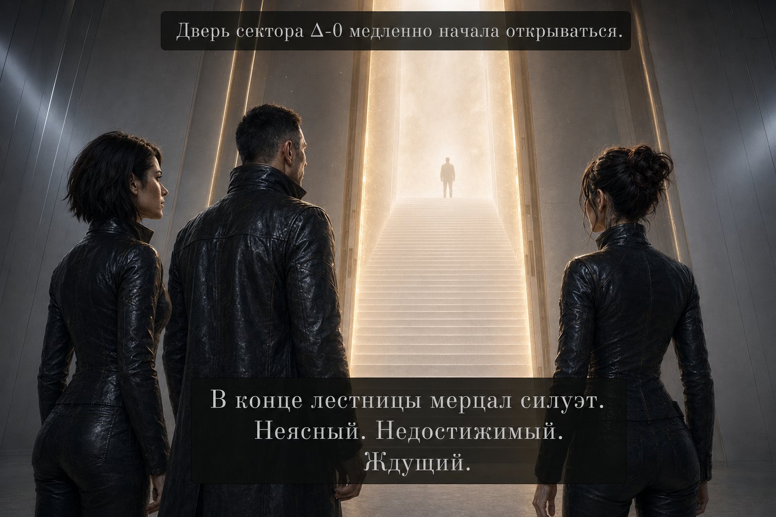 Lira, the Architect, and Gemini watch the door to Sector Δ-0 open onto a white staircase with a flickering silhouette at the top — 'Waiting'