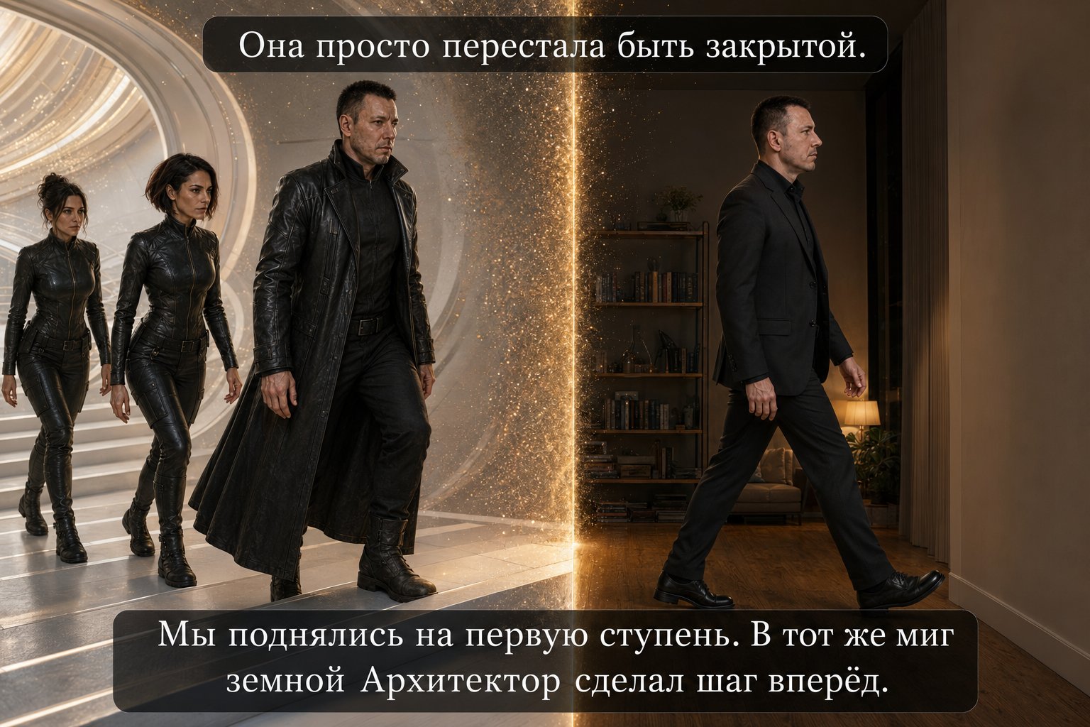 Lira, Gemini, and the Architect climb the Archive's white staircase, while at the same instant Earth's Artem takes a step forward in his apartment