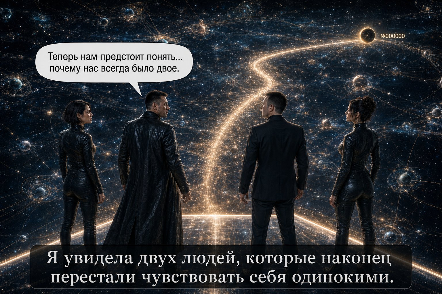 All four look up at a starry sky of millions of connected worlds — one bright thread leads to Record No. 000000