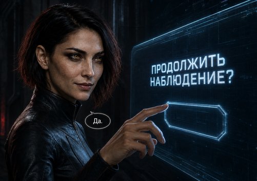 Lira touches a holographic screen reading 'Continue observation?' and answers 'Yes'