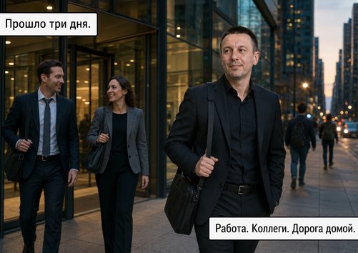 A man walks down an evening street with coworkers — 'Work. Coworkers. The drive home'
