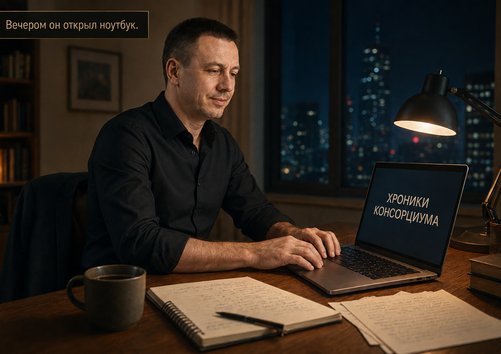 A man types late at night at his laptop, the title 'Chronicles of the Consortium' on the screen