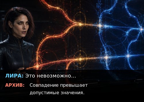 Two glowing timelines, red and blue, converging at key points — Lira studies the visualization