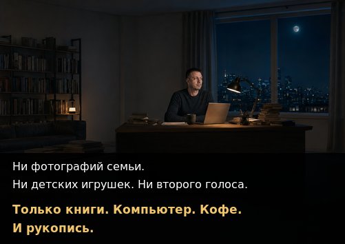 Earth's Artem sits alone at his desk at night — 'No family photographs. Only books, a computer, coffee, and a manuscript'