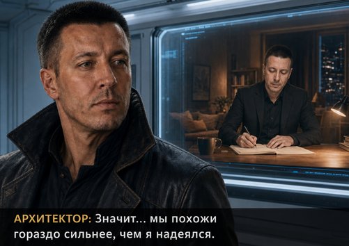 The Architect looks at the screen showing Earth's Artem at his desk — 'Then we're far more alike than I'd hoped'