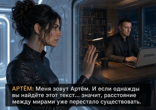 Gemini touches the glass of the observation window as she listens to Artem's words — 'My name is Artem. The distance between our worlds has already ceased to exist'