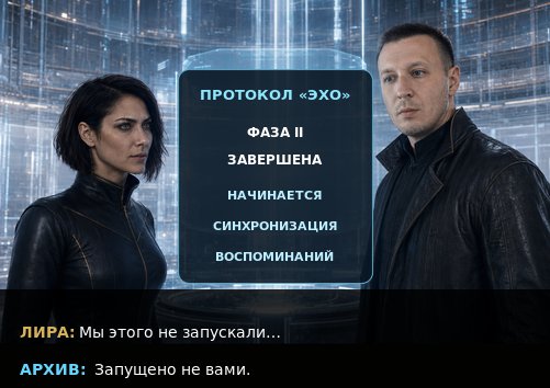 Lira and the Architect before a screen reading 'PROTOCOL ECHO PHASE II COMPLETE, MEMORY SYNCHRONIZATION BEGINNING' — 'Not initiated by you.'