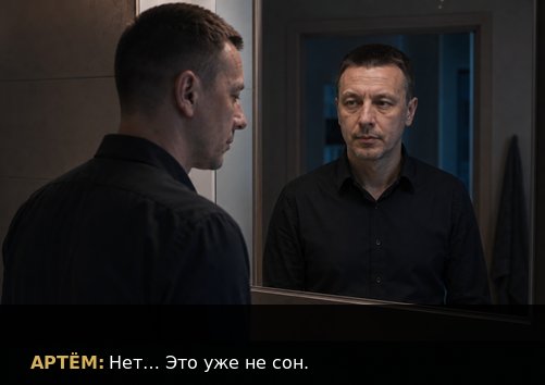 Earth's Artem staring into the mirror at night, his reflection seeming to come alive a second before he does: 'No... This isn't a dream anymore.'