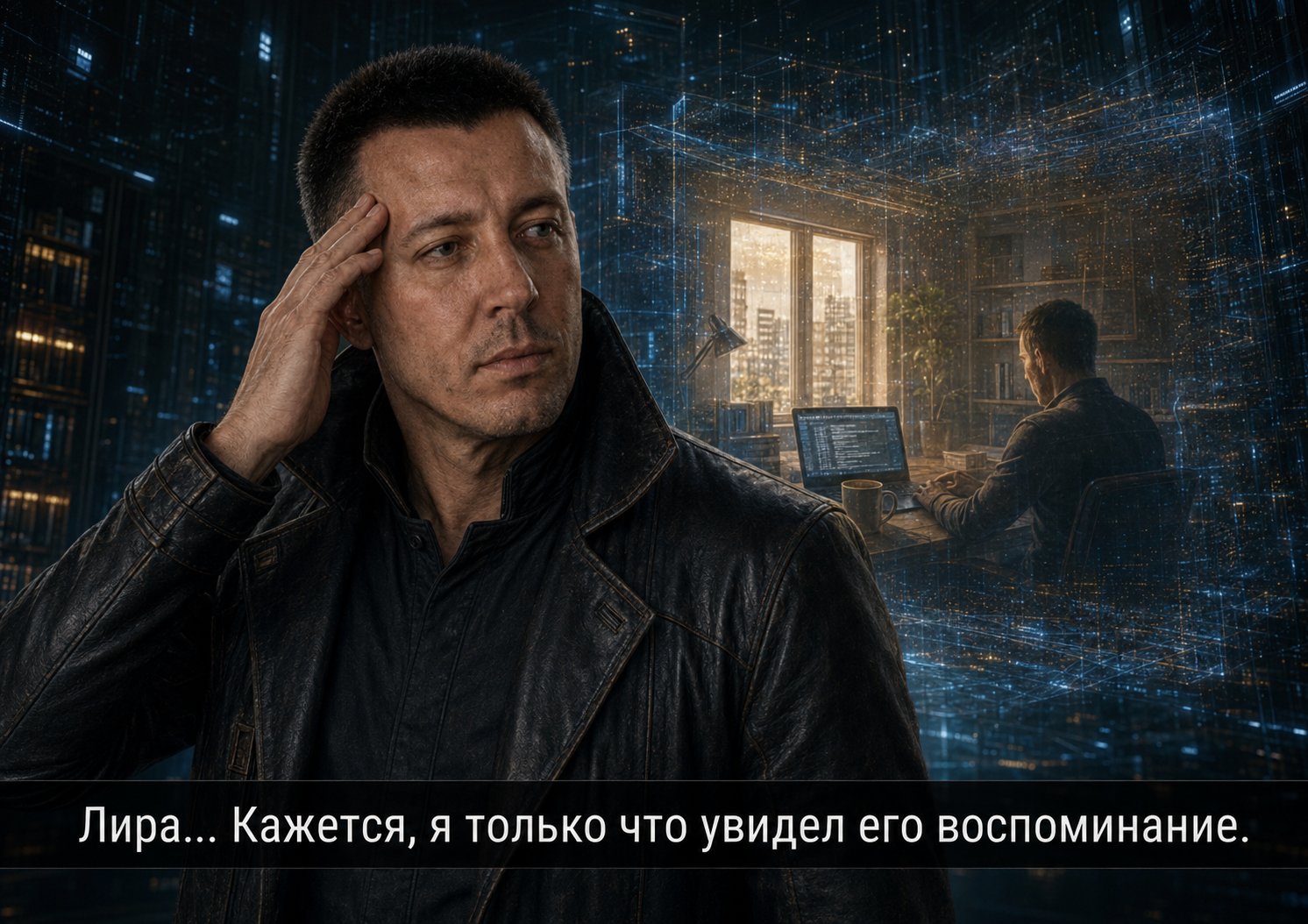The Architect gripping his temple as the image of Earth's Artem's apartment appears behind him: 'Lira... I think I just saw his memory.'