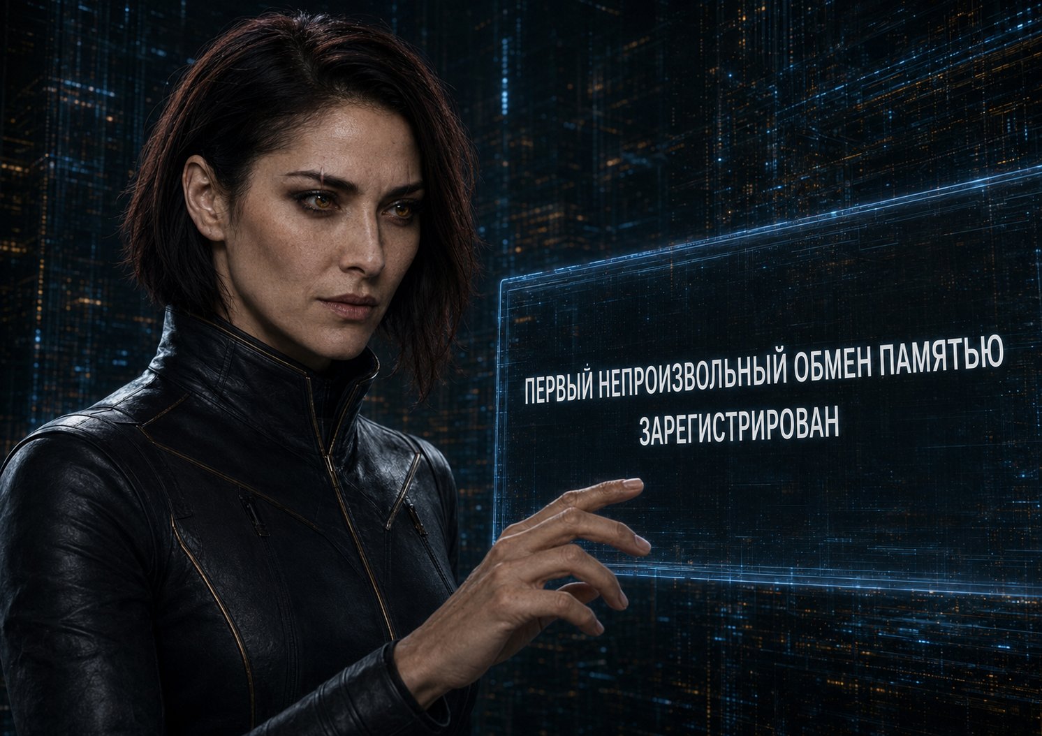 Lira touching the panel displaying the entry 'First involuntary memory exchange recorded.'