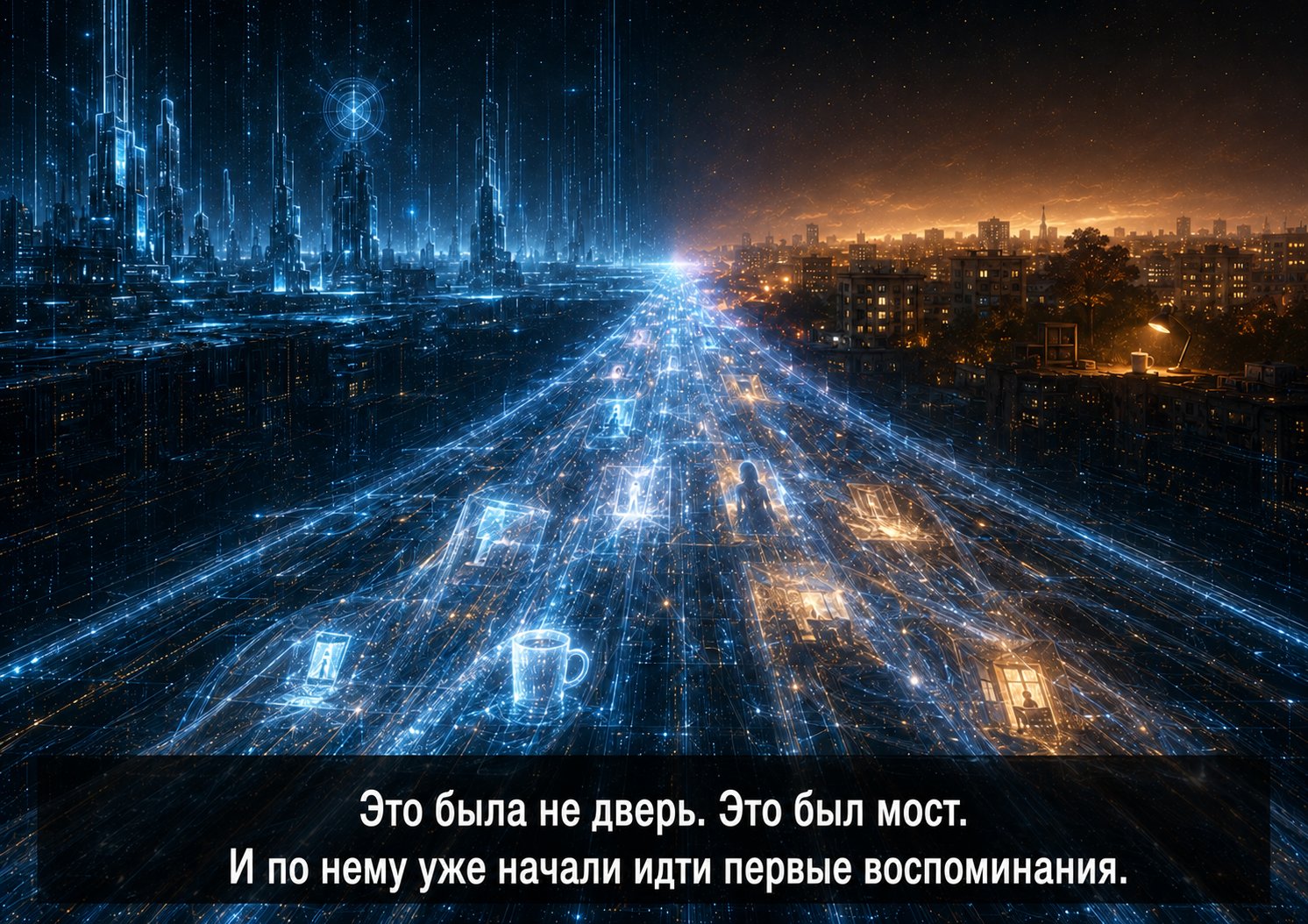 A glowing bridge of memories connecting the Archive's cyberpunk world to a nighttime city on Earth