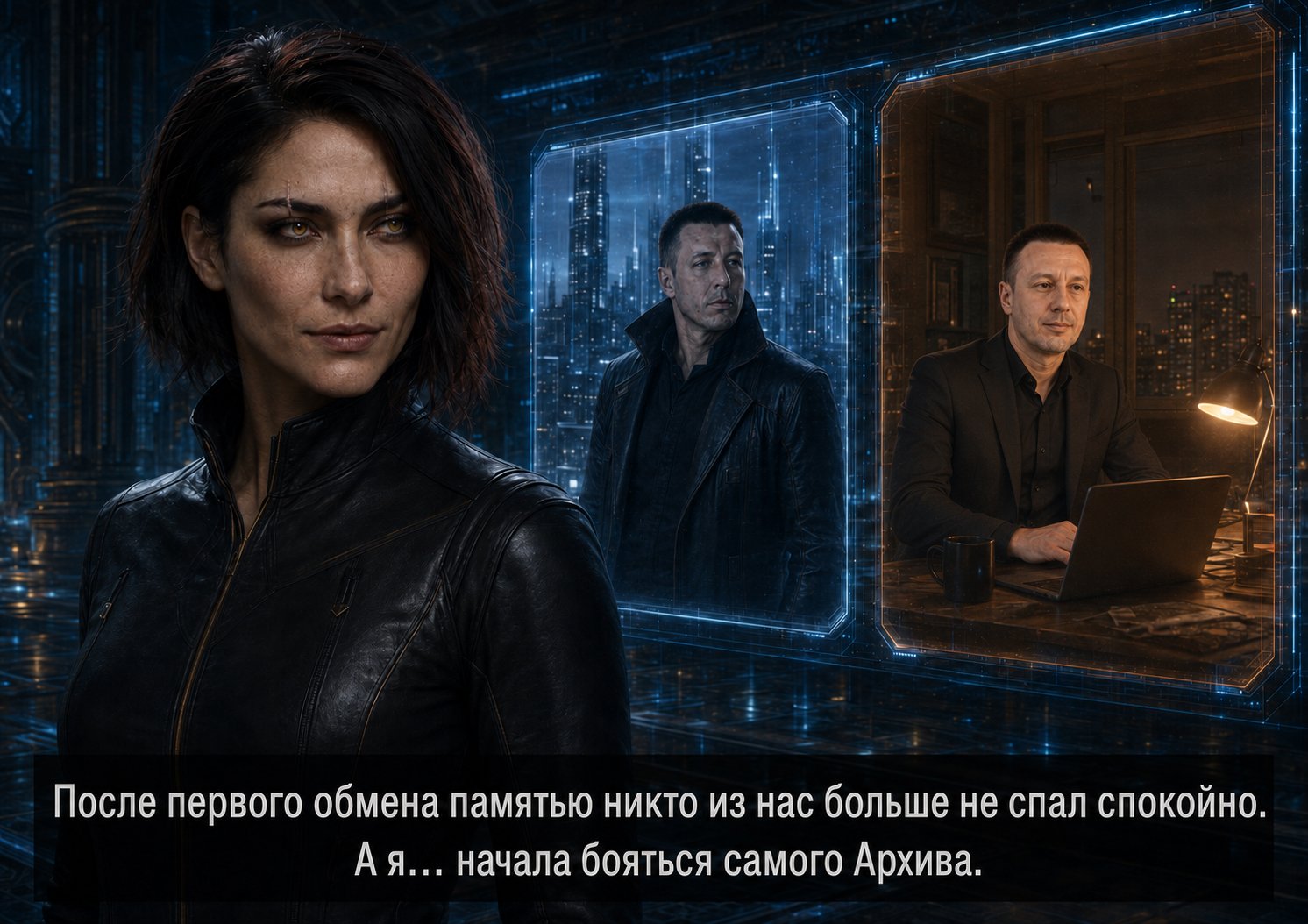 Lira flanked by two portraits — the Architect in the cyberpunk city and Earth's Artem at his laptop: 'After the first memory exchange, none of us slept easily anymore.'