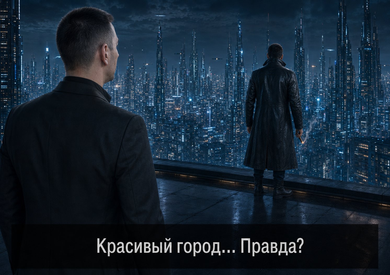 Earth's Artem on the roof of a future skyscraper beside a man in a black coat holding a cigar: 'Beautiful city... Isn't it?'