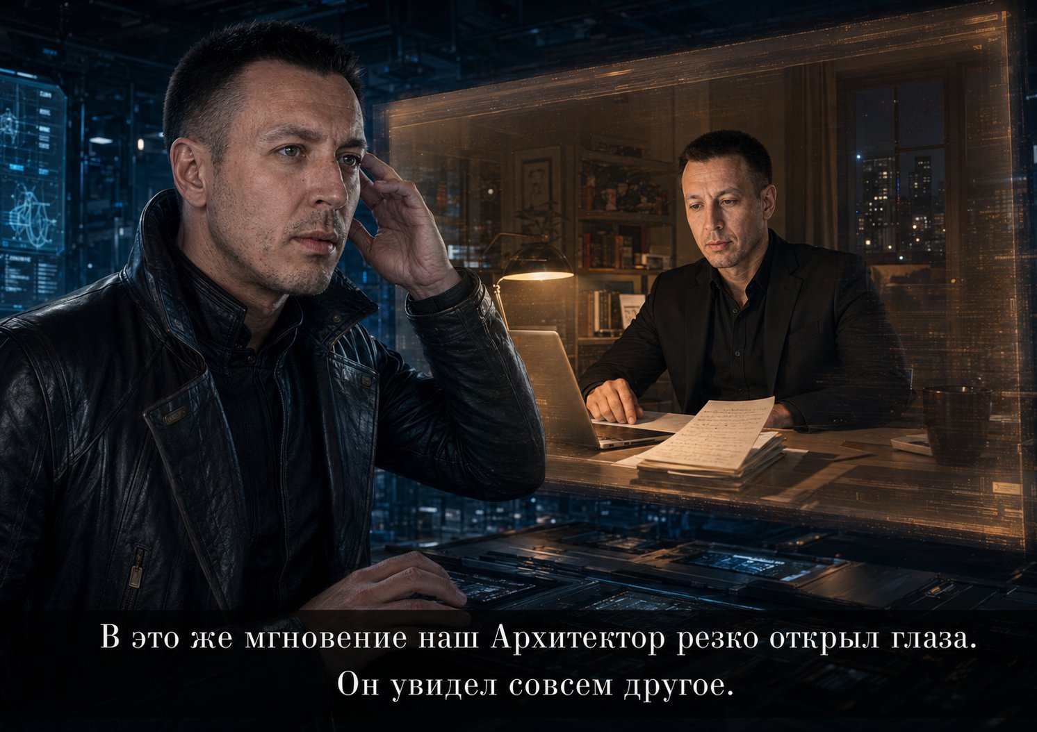 The Architect jolting awake as a vision of Earth's Artem at his writing desk appears behind him: 'What he saw was something else entirely.'