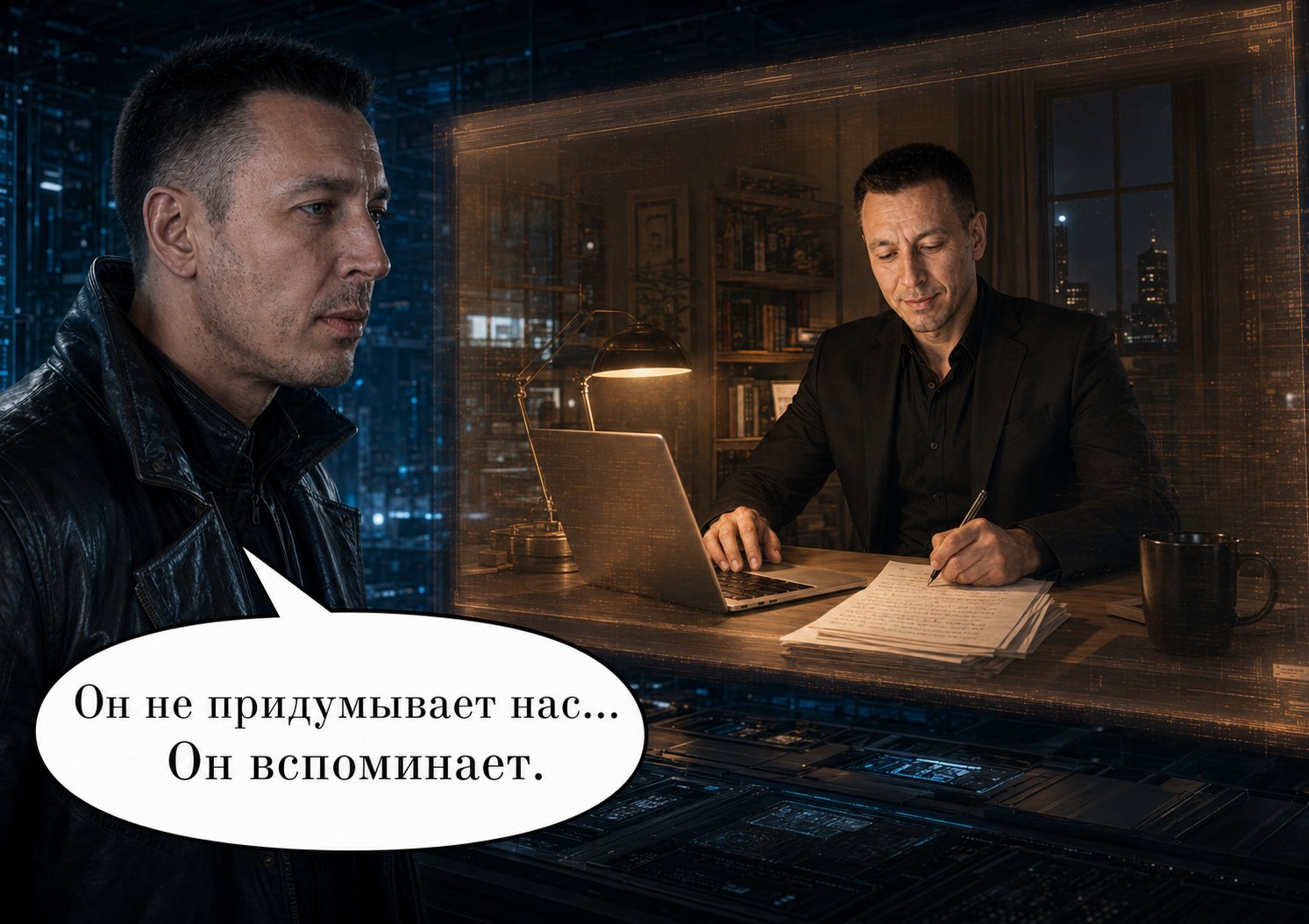 The Architect watching the vision of Earth's Artem writing at his desk: 'He isn't inventing us... He's remembering.'