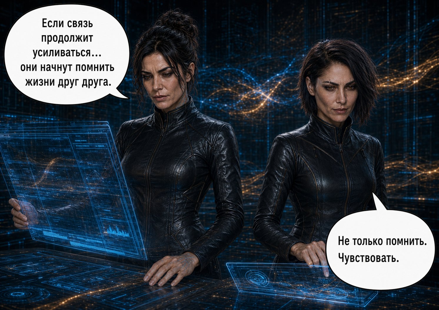 Gemini and Lira studying the synchronization data: 'If the connection keeps strengthening, they'll start remembering each other's lives. Not only remember — feel.'