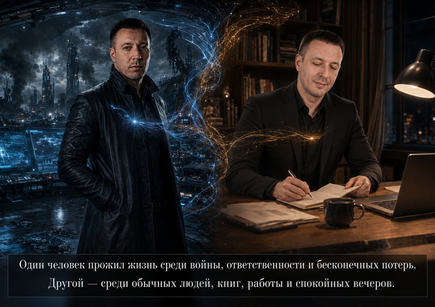 A split portrait: the Architect amid war and a ruined city on the left, Earth's Artem among books in a quiet evening on the right