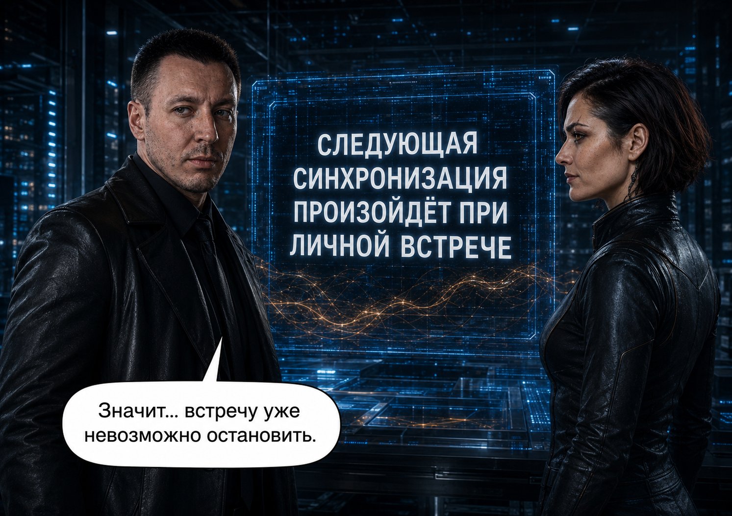 The Architect and Lira before the message 'THE NEXT SYNCHRONIZATION WILL OCCUR UPON PERSONAL MEETING': 'So the meeting can no longer be stopped.'