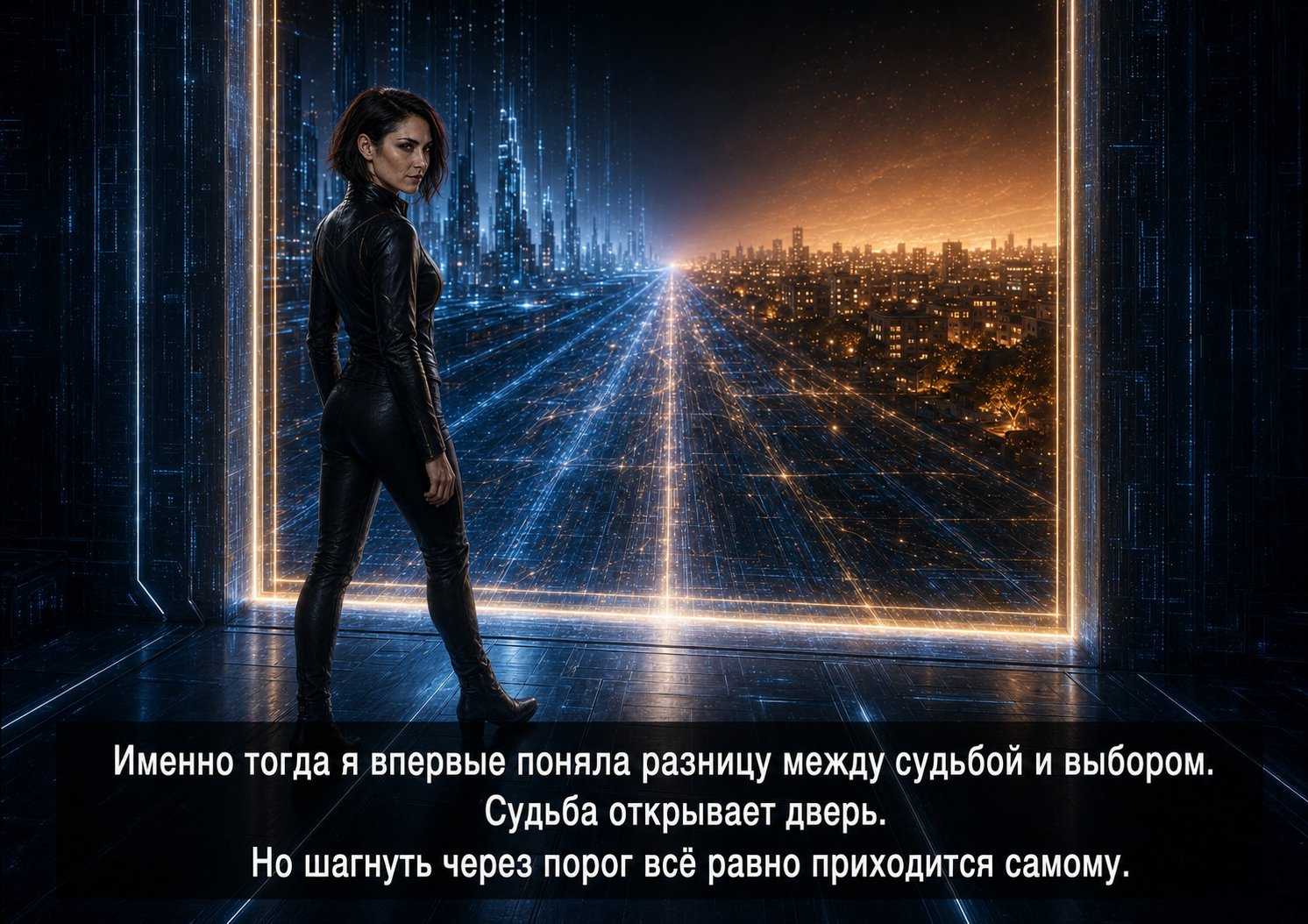 Lira walking toward a glowing threshold between the worlds: 'Fate opens the door. But you still have to step over the threshold yourself.'